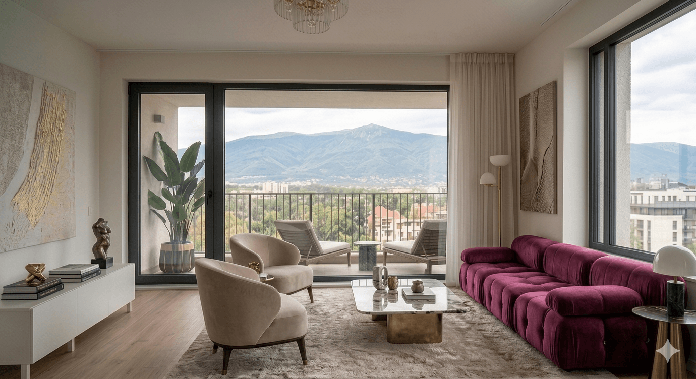 Модерен градски апартамент с големи прозорци и гледка към планина